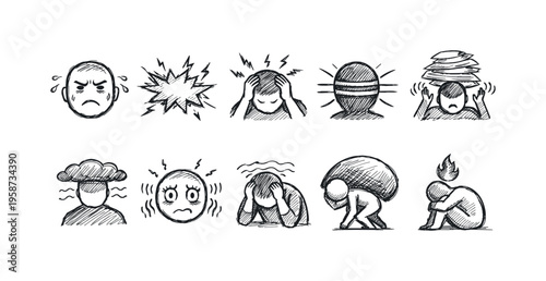 Collection of hand-drawn icons illustrating various states of stress and mental distress