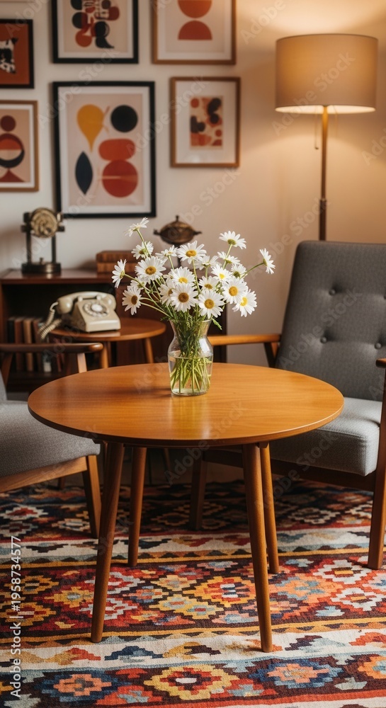 Obraz premium Mid Century Modern Living Room With Vintage Accents And Daisies