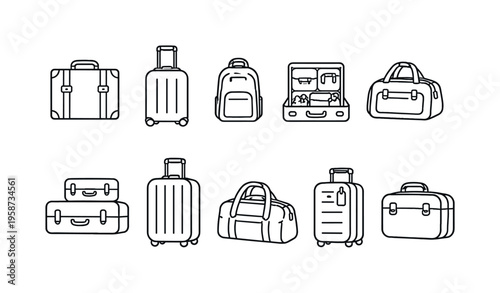 Collection of stylish suitcase icons for travel and luggage design