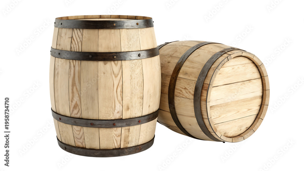 Fototapeta premium Two wooden barrels with metal hoops on a black background