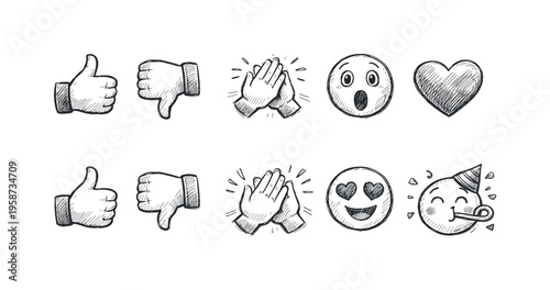 Hand-drawn collection of popular social media reaction icons and emojis