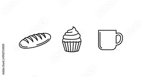 Simple line art icons of bread, cupcake, and a mug for a delightful treat or beverage concept.