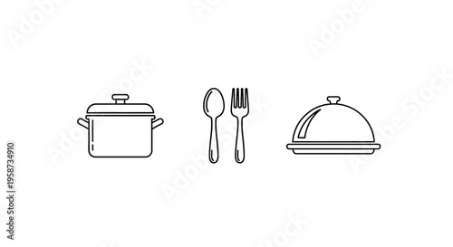 Simple line art icons representing cooking, dining, and serving food.