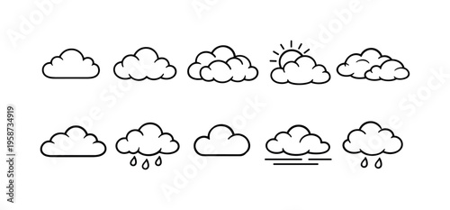 Collection of simple line art cloud icons representing different weather conditions