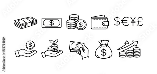 Financial icons representing currency, investment, and savings concepts
