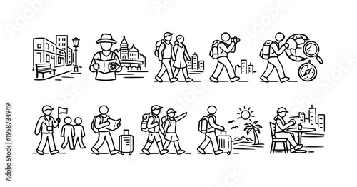 Collection of simple line art icons depicting various travel and tourism activities