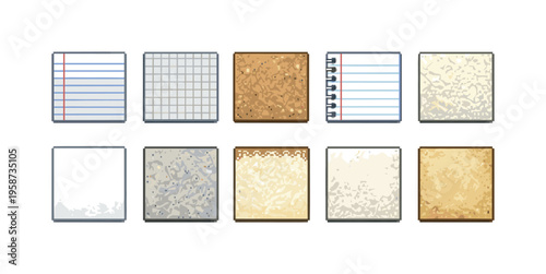 Collection of pixel art paper textures and notebook pages for digital design