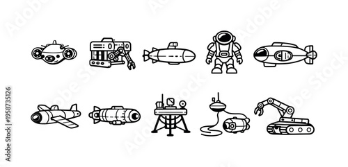 Collection of cartoon vehicles and robots for underwater exploration and space missions