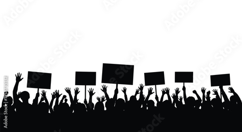 A crowd of people silhouettes raising their hands, holding blank protest signs upward against white space.