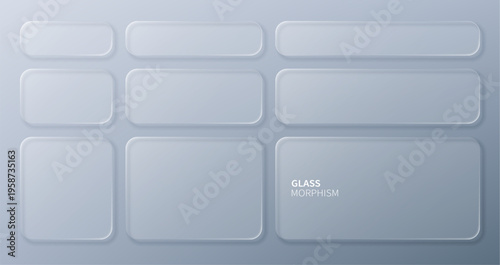 Set of frosted glass morphism rectangles on grey background. Translucent gui elements for user interface design. Minimalist vector web background for modern digital software application.