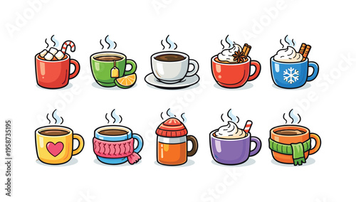 Collection of cute steaming hot beverages in colorful mugs for winter