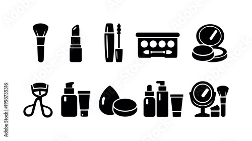 Collection of black cosmetic icons representing beauty and makeup essentials
