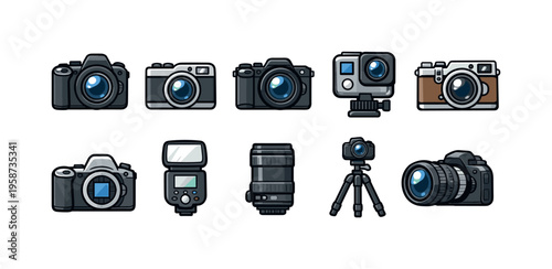 Collection of diverse camera equipment and accessories for photography