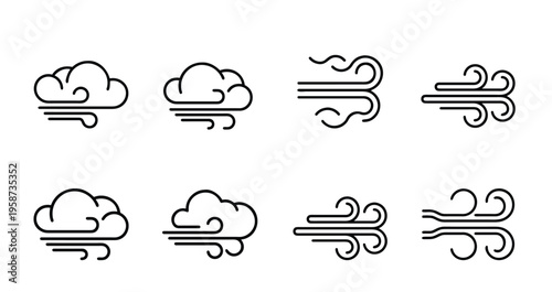 Wind and cloud weather outline icon set featuring air breeze, blow, wind gust, storm, hurricane, atmosphere, and climate symbols for meteorology forecast vector illustration or editable stroke