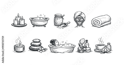 Collection of hand-drawn spa and wellness icons for relaxation and self-care