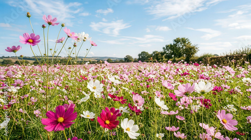 Vibrant Wildflower Meadow Scene with Bright Pink and White Blooms Under Blue Sky