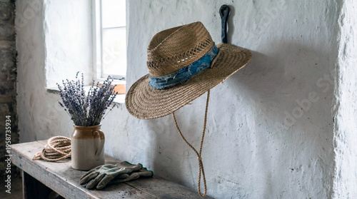 Straw hat hanging on wall next to lavender bouquet on shelf  
