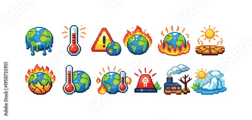Pixel art icons depicting climate change and environmental issues