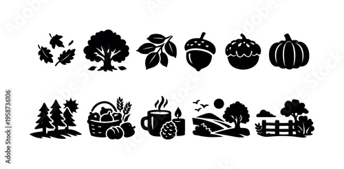 Collection of autumn and nature-themed icons for seasonal design projects