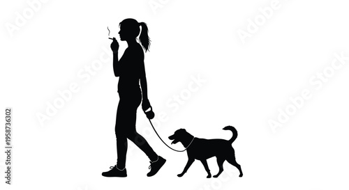 A woman's silhouette walks a dog on a leash, showing an active lifestyle and pet companionship with simple, clear outline figures.