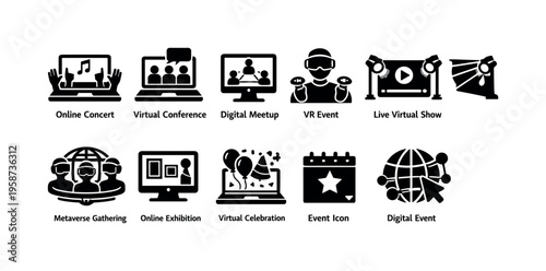 Collection of icons representing various online and digital events and gatherings