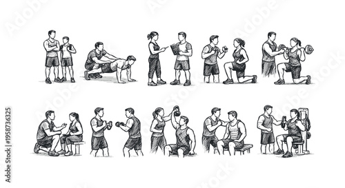 Diverse fitness training illustrations showing personal trainers guiding clients through various exercises