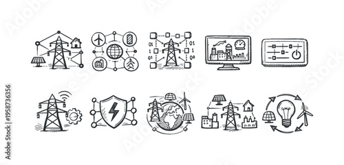 Smart grid technology icons illustrating renewable energy and digital connectivity
