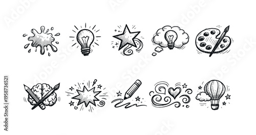Collection of hand-drawn icons representing creativity, ideas, and artistic expression