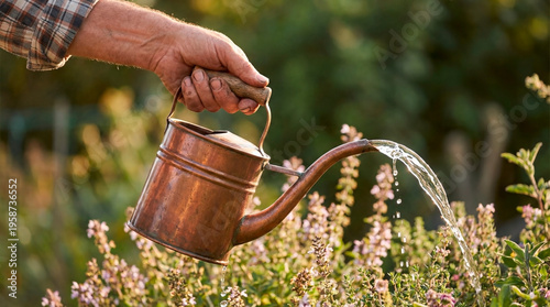 Copper watering can pouring water on flowers in garden  