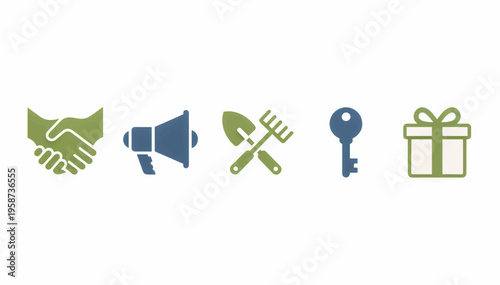 Set of flat design vector icons. Symbols for business partnership, marketing, gardening tools, security key and gift box. Minimalist graphic elements isolated on white background