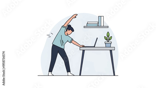 A person taking a stretch break at an office desk. Workplace wellness and ergonomics concept. Minimalist flat design vector illustration