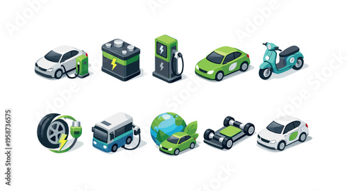 Collection of electric vehicle icons and charging infrastructure for sustainable transport