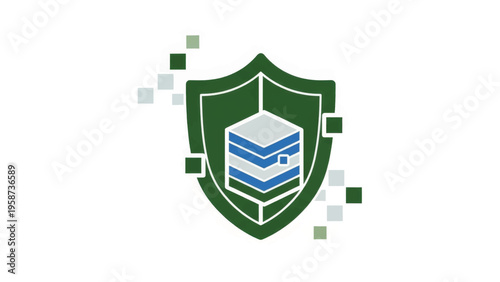 Data security concept with a server and shield icon. Cybersecurity and database protection symbol. Vector illustration for network safety and privacy