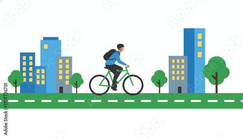 Man commuting on a bicycle in an urban city. Eco-friendly and sustainable transportation concept. Minimalist flat vector illustration