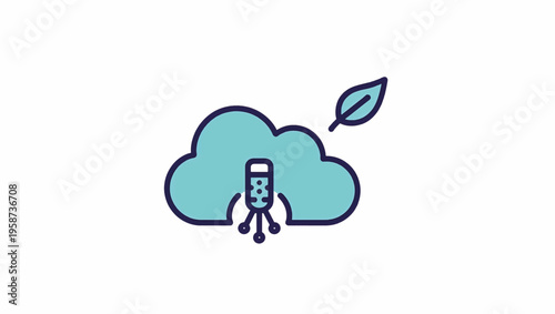 Cloud with microphone and leaf line icon. Eco audio recording and nature podcast symbol. Flat design vector illustration