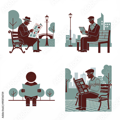 Elderly man reading newspaper on park bench set. Senior citizen relaxing outdoors. Flat design vector illustration