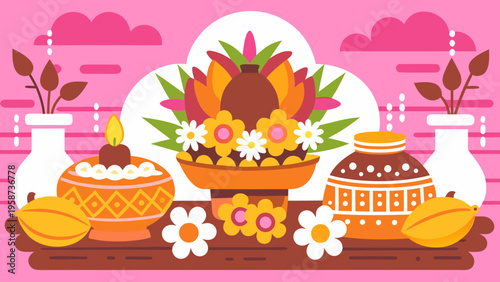 Traditional Indian Diwali decorations, colorful flowers, clay pots, festive table setting, pink background