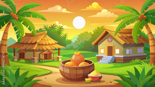Tropical village, hut houses, palm trees, basket with fruits, cartoon landscape