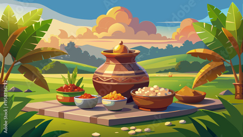 Tropical landscape, outdoor picnic, clay pot, food bowls, green grass, blue sky