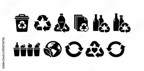 Collection of recycling and environmental conservation icons for sustainability and eco-friendly practices