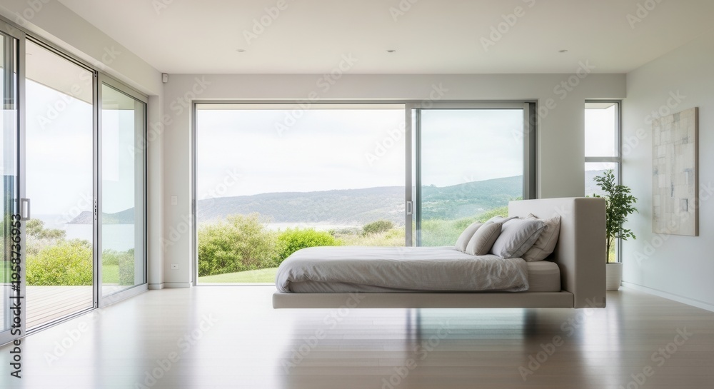 Fototapeta premium Minimalist Bedroom With Panoramic Ocean Views And Lush Greenery
