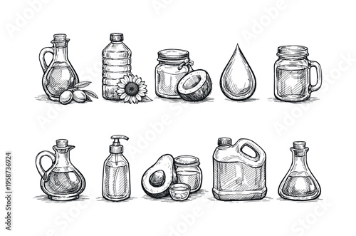 Collection of various oils and ingredients in different containers, hand-drawn style