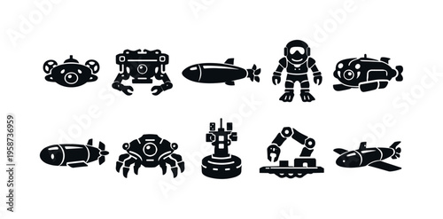 Collection of underwater robots, submarines, and a diver in silhouette