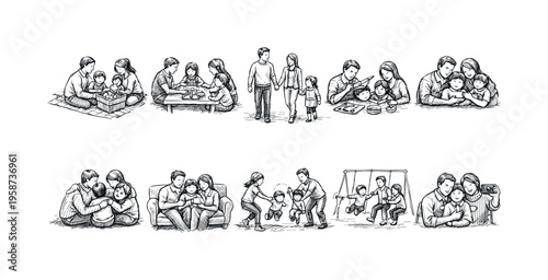 Diverse family activities depicted in a charming sketch style, showcasing togetherness and joy