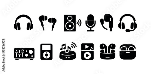 Collection of black audio and music icons on a white background