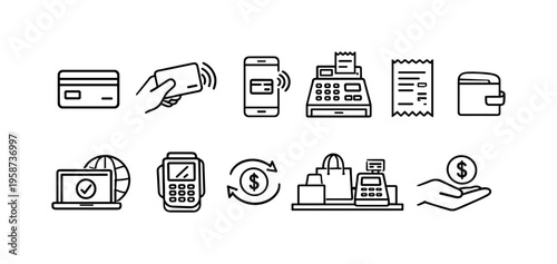 Collection of financial transaction icons for online and in-store payments