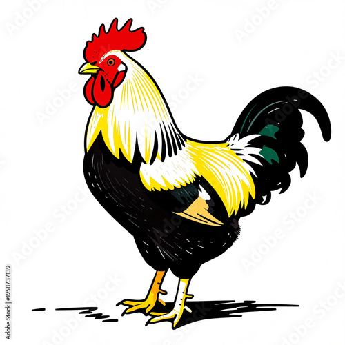 A colorful rooster is depicted standing proudly on a white background with intricate black line details.
