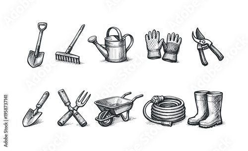 Collection of hand-drawn garden tools and equipment for outdoor work