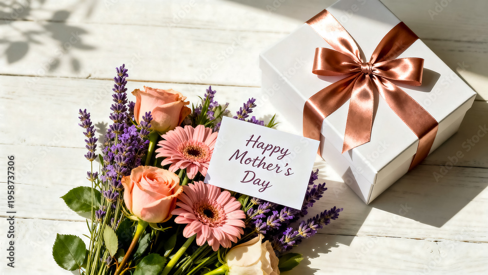 Obraz premium Gift box with ribbon and flowers for mother's day celebration with mothers day