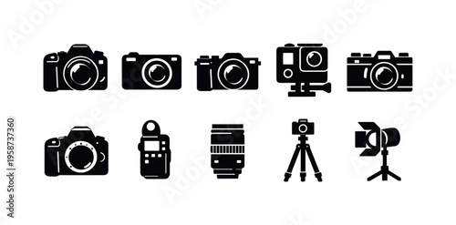 Collection of camera and photography equipment icons in simple black silhouette style